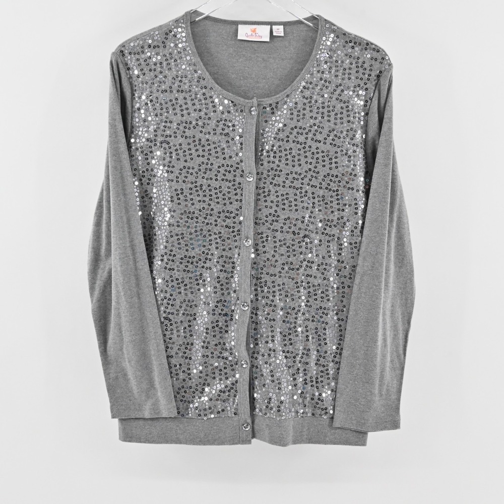 Quacker Factory Sequin Cardigan Womens Size M‎ Silver Gray Button Front Sweater